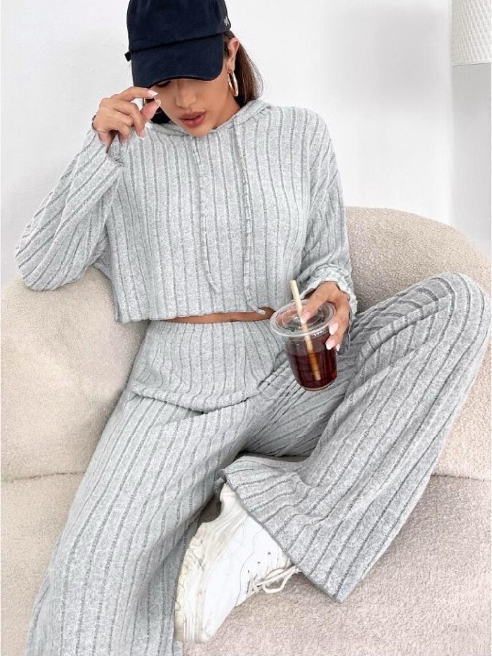 Ribbed Knit Wide-Leg Pants Hoodie Crop Top Loungewear Pajama Set S/M Light Gray